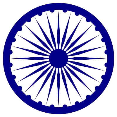 The Ashoka Chakra: a navy blue wheel with 24 evenly spaced spokes, set at the center of the Indian flag's white band.